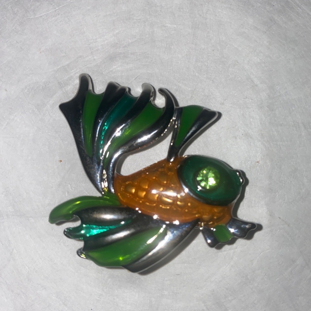 CHARTER CLUB Green Orange Enamel Rhinestone Fish Pin Brooch $15 NWOT